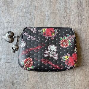 Ed Hardy Rhinestone Studded Wallet Pouch Makeup Travel Bag With Charms Y2K